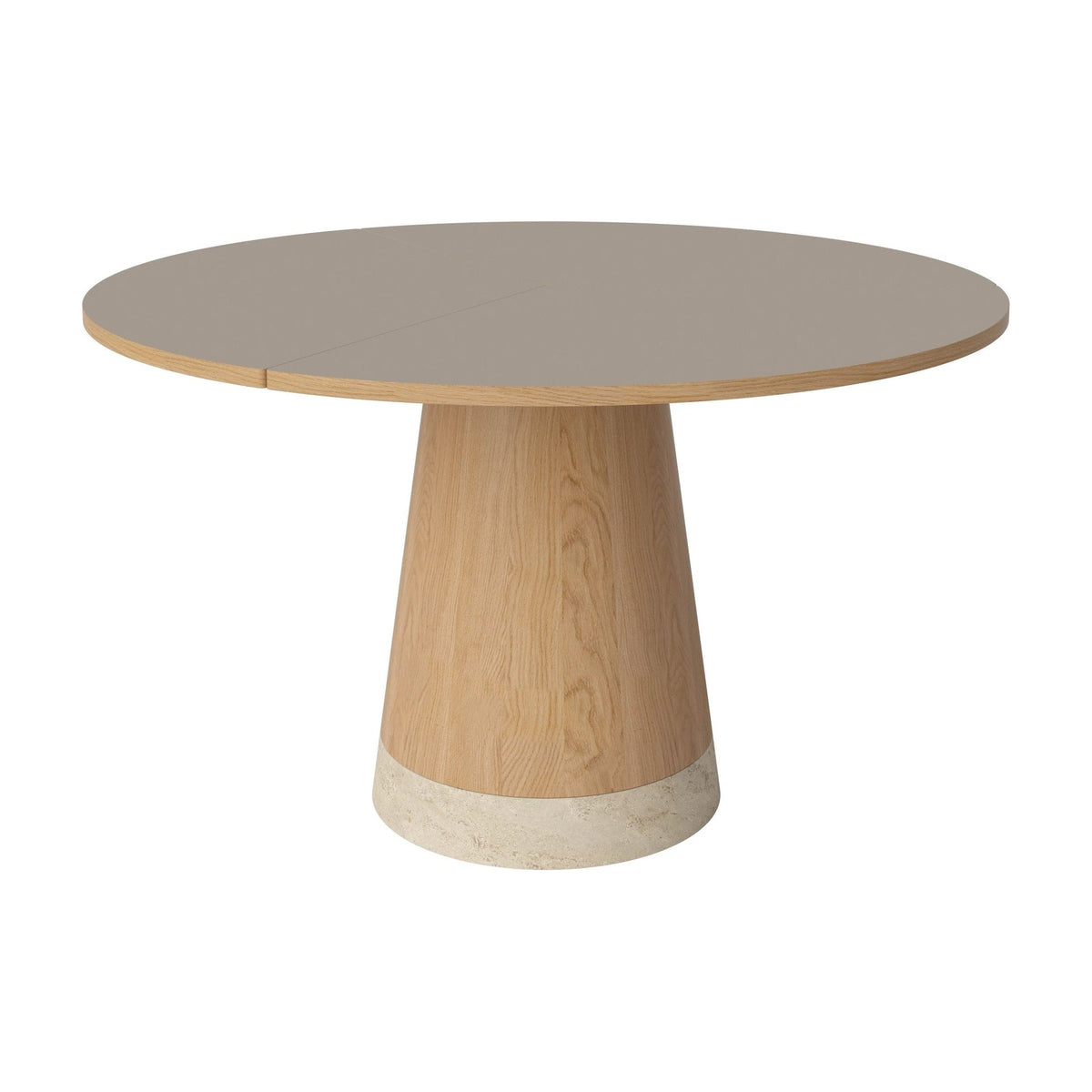 Bolia Piro eettafel Ø125 cm grijsbruin fenix-laminaat, geolied eiken, zandkleurig travertijn, 03-138-01_00002