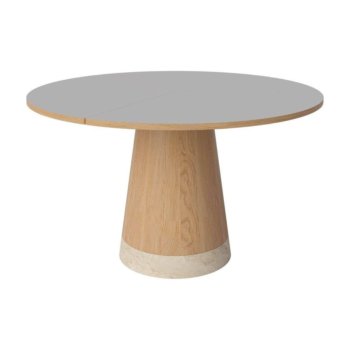 Bolia Piro eettafel Ø125 cm lichtgrijs fenix-laminaat, geolied eiken, zandkleurig travertijn, 03-138-01_00003