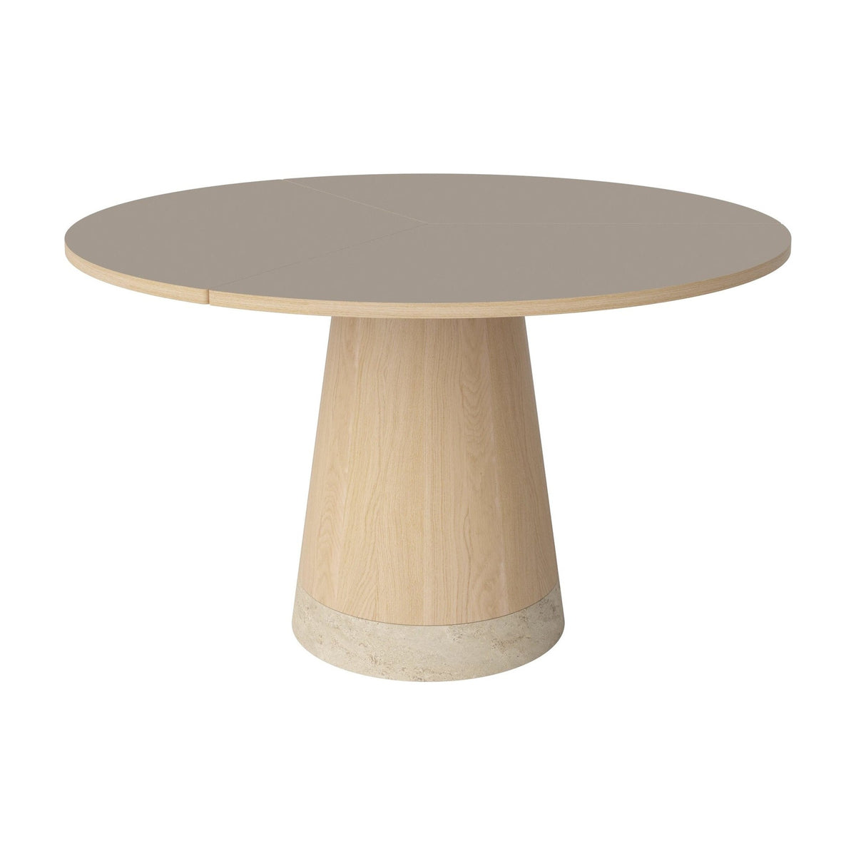 Bolia Piro eettafel Ø125 cm grijsbruin fenix-laminaat, wit gepigmenteerd geolied eiken, zandkleurig travertijn, 03-138-01_00005