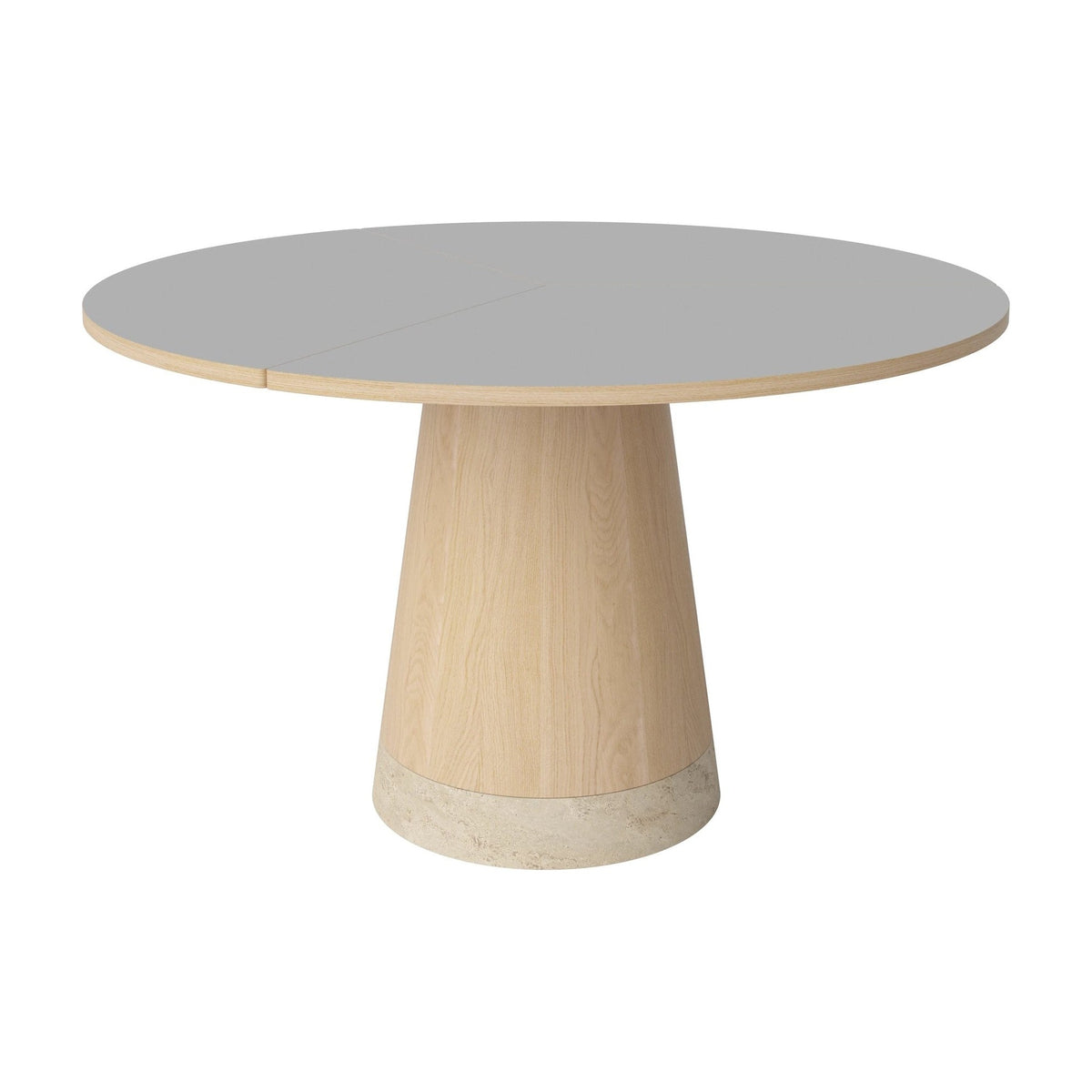 Bolia Piro eettafel Ø125 cm lichtgrijs fenix-laminaat, wit gepigmenteerd geolied eiken, zandkleurig travertijn, 03-138-01_00006