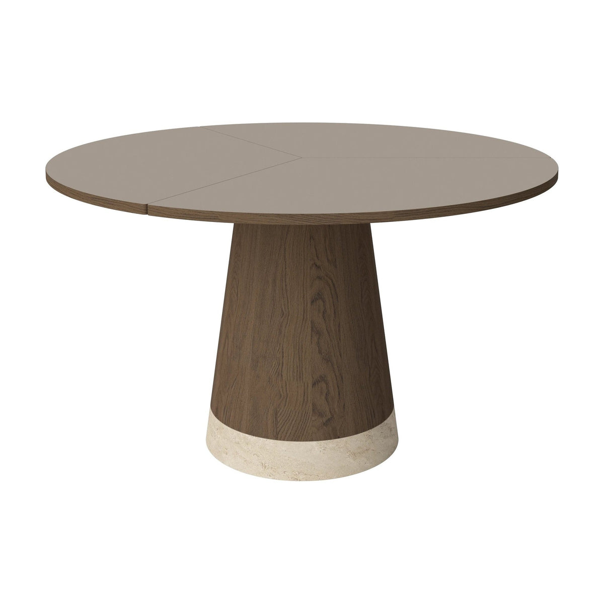 Bolia Piro eettafel Ø125 cm grijsbruin fenix-laminaat, donker geolied eiken, zandkleurig travertijn, 03-138-01_00016