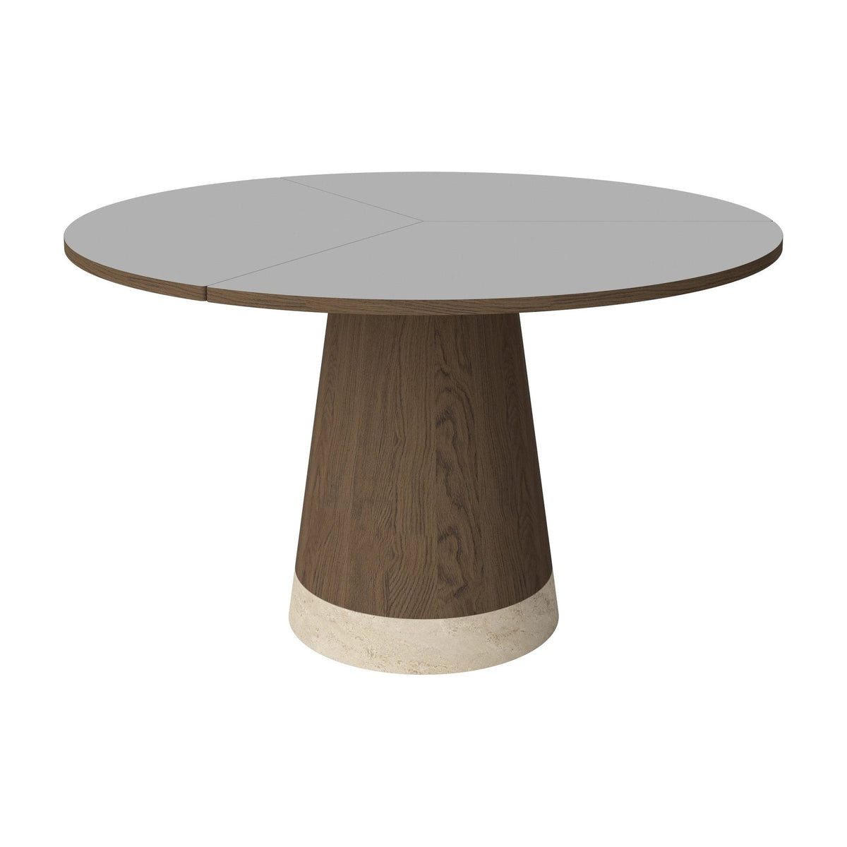 Bolia Piro eettafel Ø125 cm lichtgrijs fenix-laminaat, donker geolied eiken, zandkleurig travertijn, 03-138-01_00017
