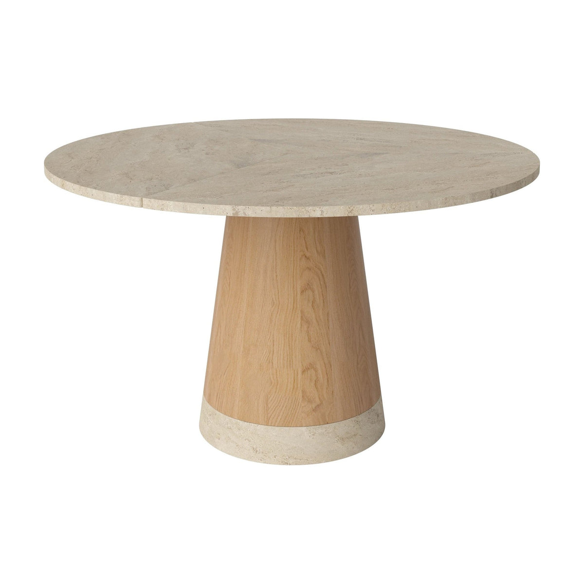 Bolia Piro eettafel stenen blad Ø125 cm zandkleurig travertijn, geolied eiken, 03-138-02_00001