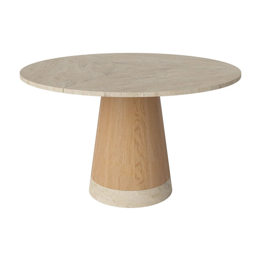 Bolia Piro eettafel stenen blad Ø125 cm zandkleurig travertijn, geolied eiken, 03-138-02_00001