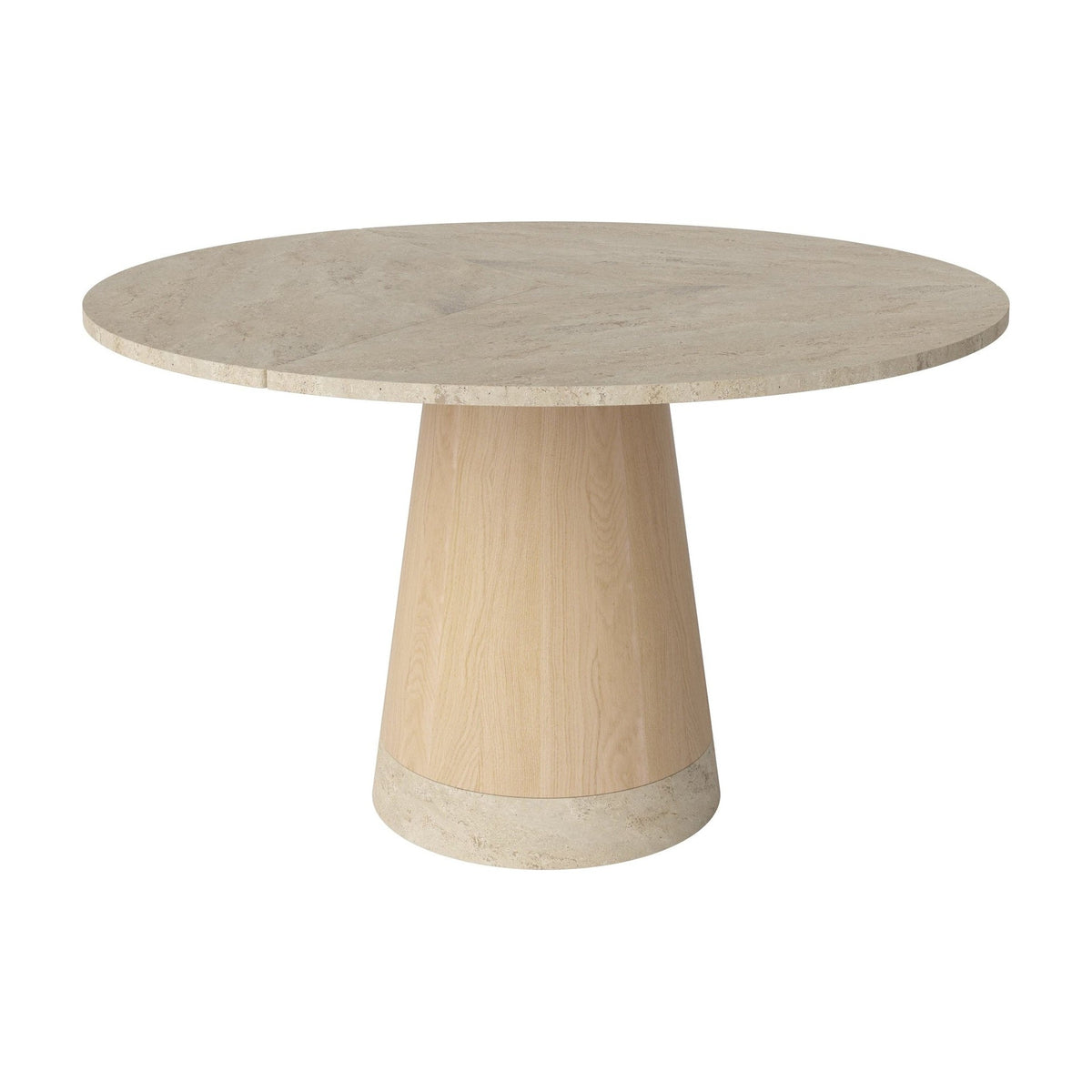 Bolia Piro eettafel stenen blad Ø125 cm zandkleurig travertijn, wit gepigmenteerd geolied eiken, 03-138-02_00004
