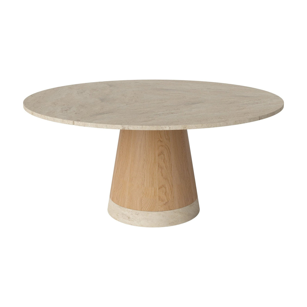 Bolia Piro eettafel stenen blad Ø160 cm zandkleurig travertijn, geolied eiken, 03-138-03_00001