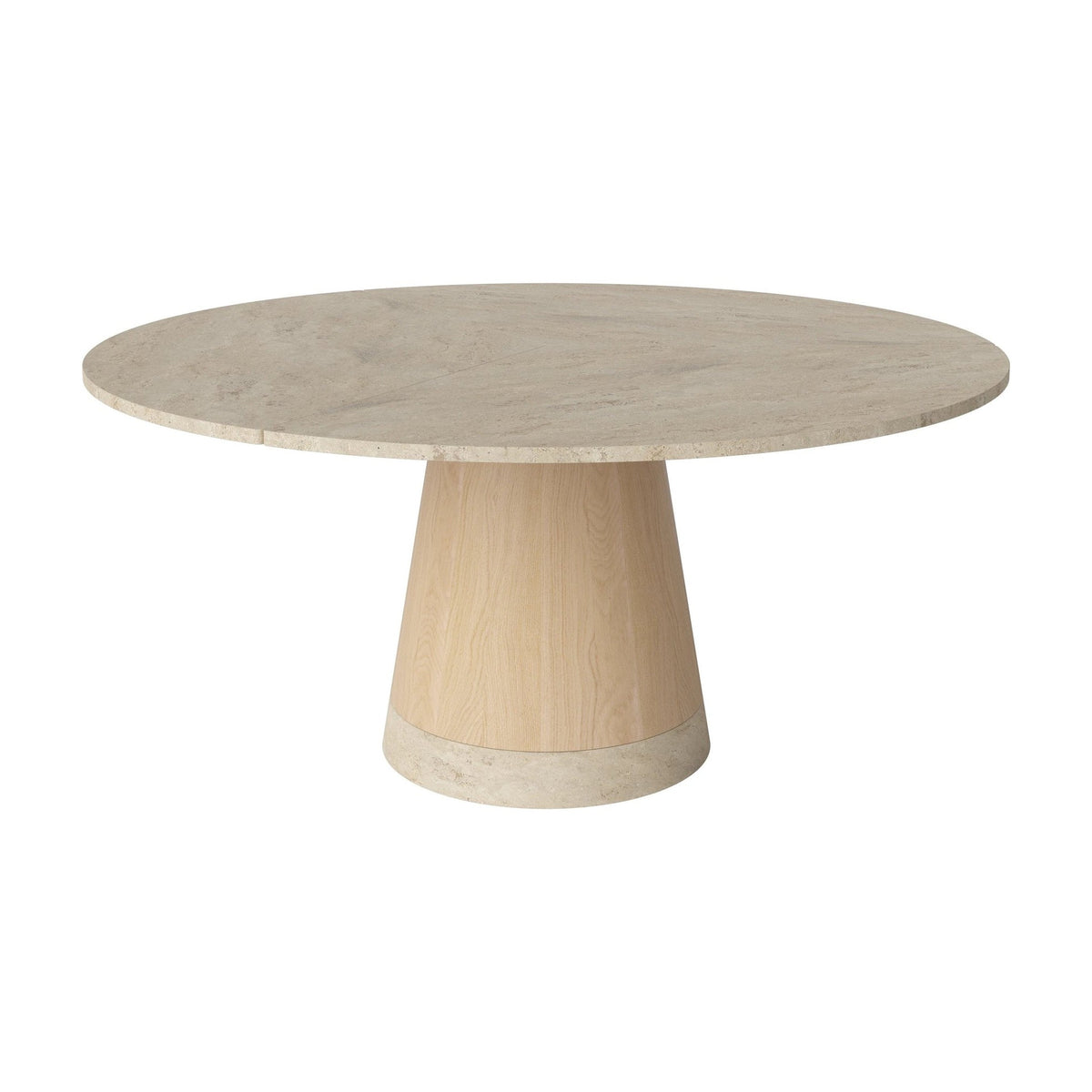 Bolia Piro eettafel stenen blad Ø160 cm zandkleurig travertijn, wit gepigmenteerd geolied eiken, 03-138-03_00002
