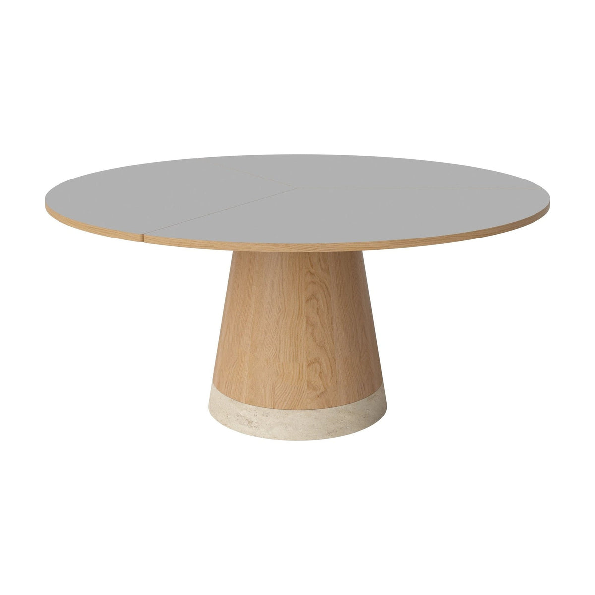 Bolia Piro eettafel Ø160 cm lichtgrijs fenix-laminaat, geolied eiken, zandkleurig travertijn, 03-138-05_00003