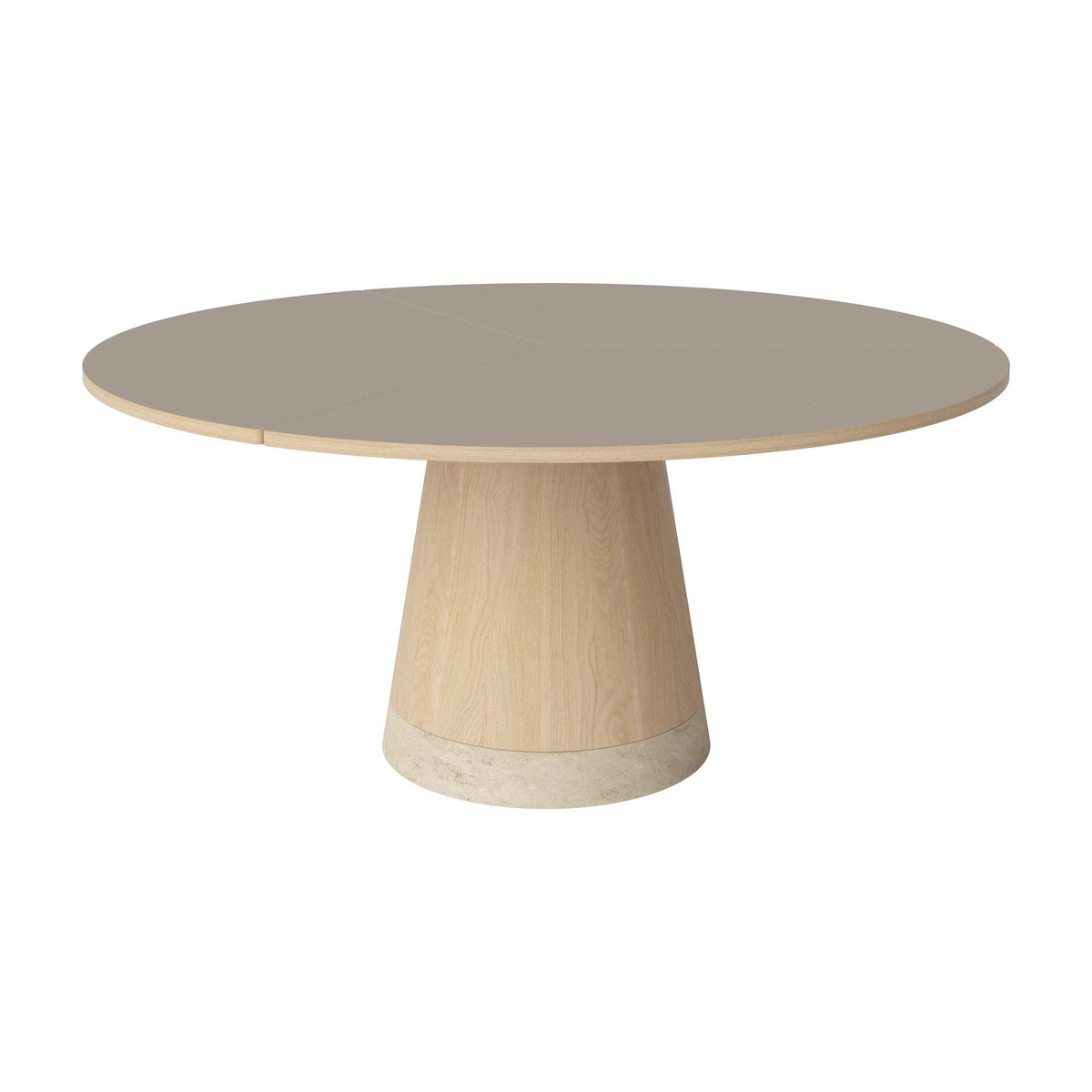 Bolia Piro eettafel Ø160 cm grijsbruin fenix-laminaat, wit gepigmenteerd geolied eiken, zandkleurig travertijn, 03-138-05_00005