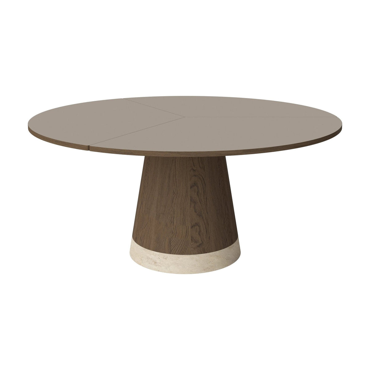 Bolia Piro eettafel Ø160 cm grijsbruin fenix-laminaat, donker geolied eiken, zandkleurig travertijn, 03-138-05_00013