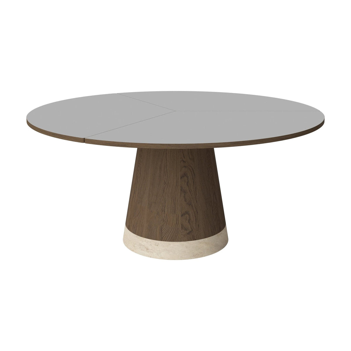 Bolia Piro eettafel Ø160 cm lichtgrijs fenix-laminaat, donker geolied eiken, zandkleurig travertijn, 03-138-05_00014