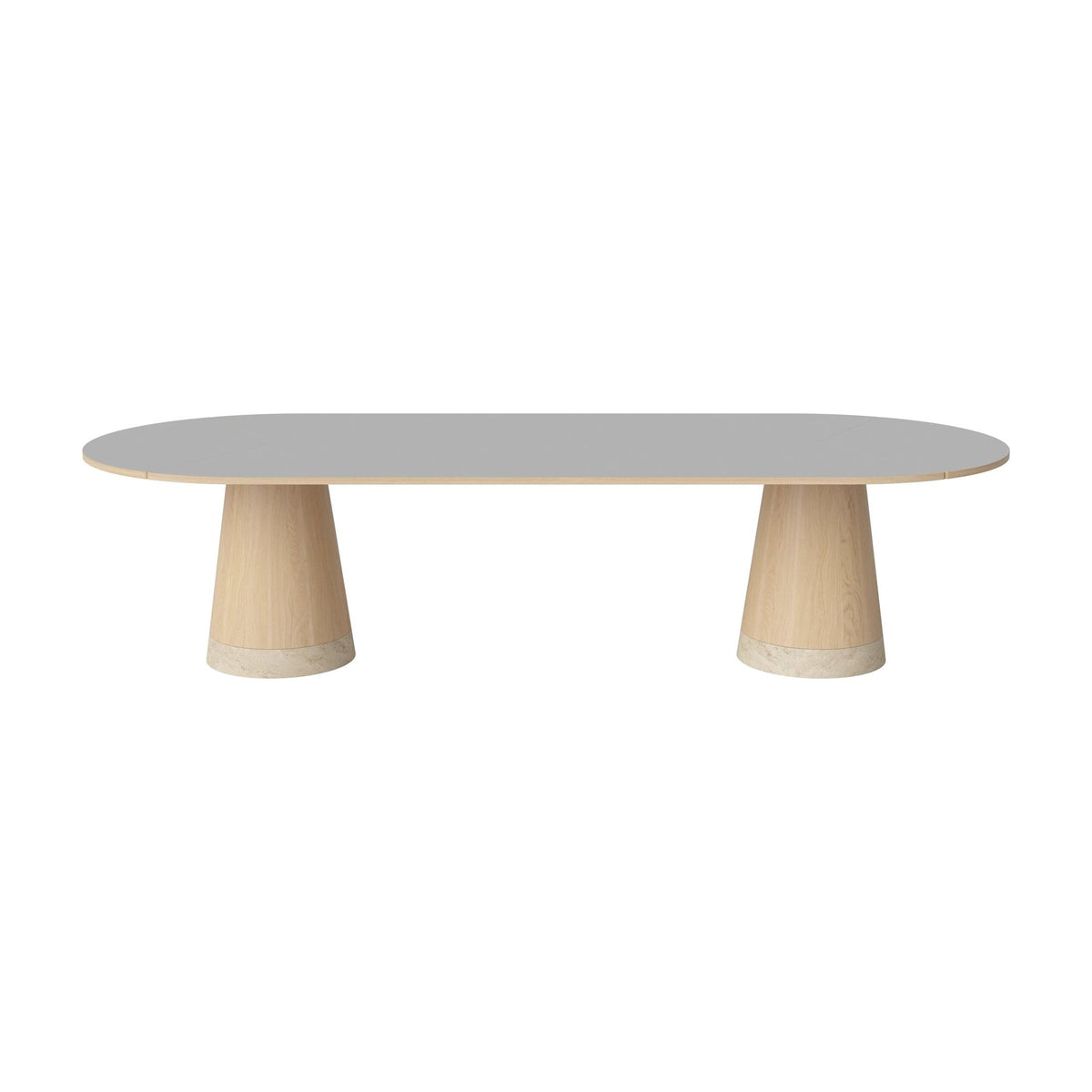 Bolia Piro grote eettafel 305x125 cm lichtgrijs fenix-laminaat, wit gepigmenteerd geolied eiken, zandkleurig travertijn, 03-138-10_00006