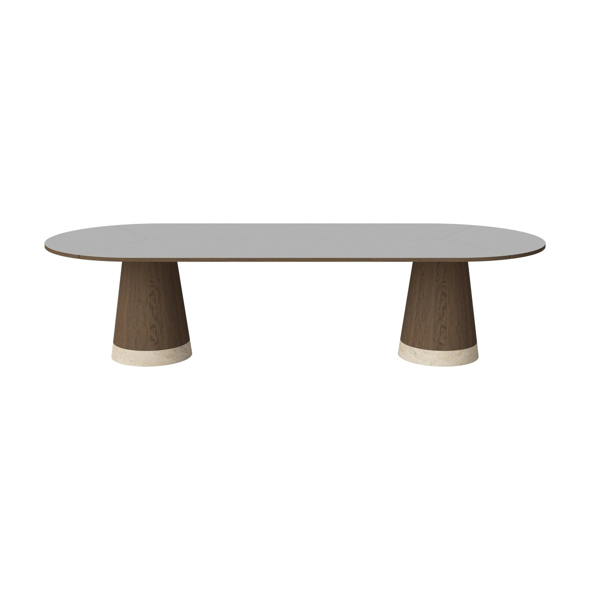Bolia Piro grote eettafel 305x125 cm lichtgrijs fenix-laminaat, donker geolied eiken, zandkleurig travertijn, 03-138-10_00012