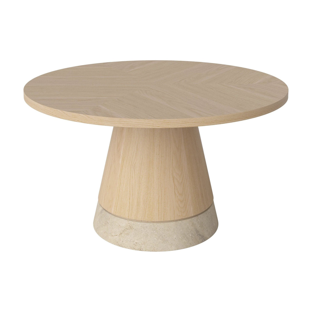 Bolia Piro salontafel houten blad Ø60 cm wit gepigmenteerd geolied eiken, zandkleurig travertijn, 03-138-15_00004