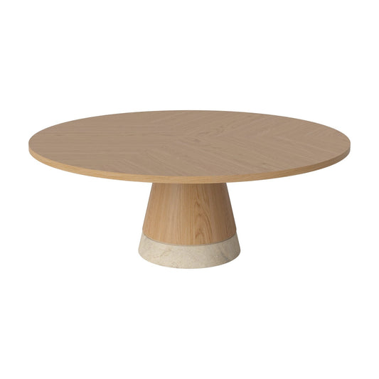 Bolia Piro salontafel houten blad Ø90 cm geolied eiken, zandkleurig travertijn, 36 cm, 03-138-17_00001