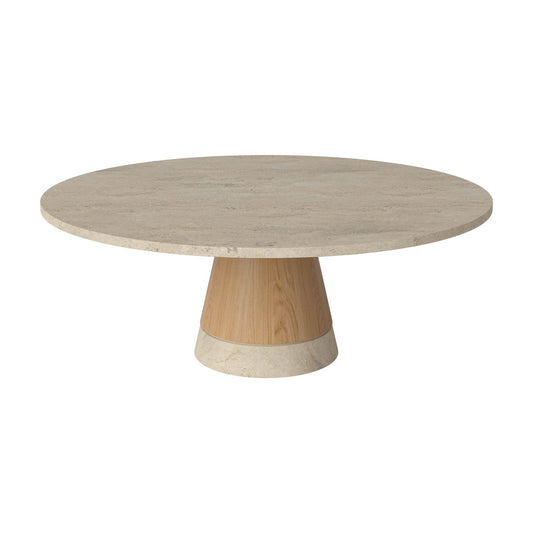 Bolia Piro salontafel stenen blad Ø90 cm zandkleurig travertijn, geolied eiken, 36 cm, 03-138-18_00001