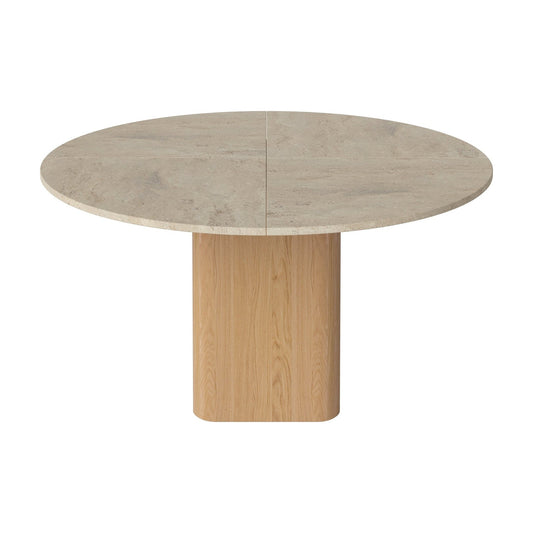 Bolia Eida eettafel stenen blad rond Ø140 cm zandkleurig travertijn, geolied eiken, 03-354-01_00009