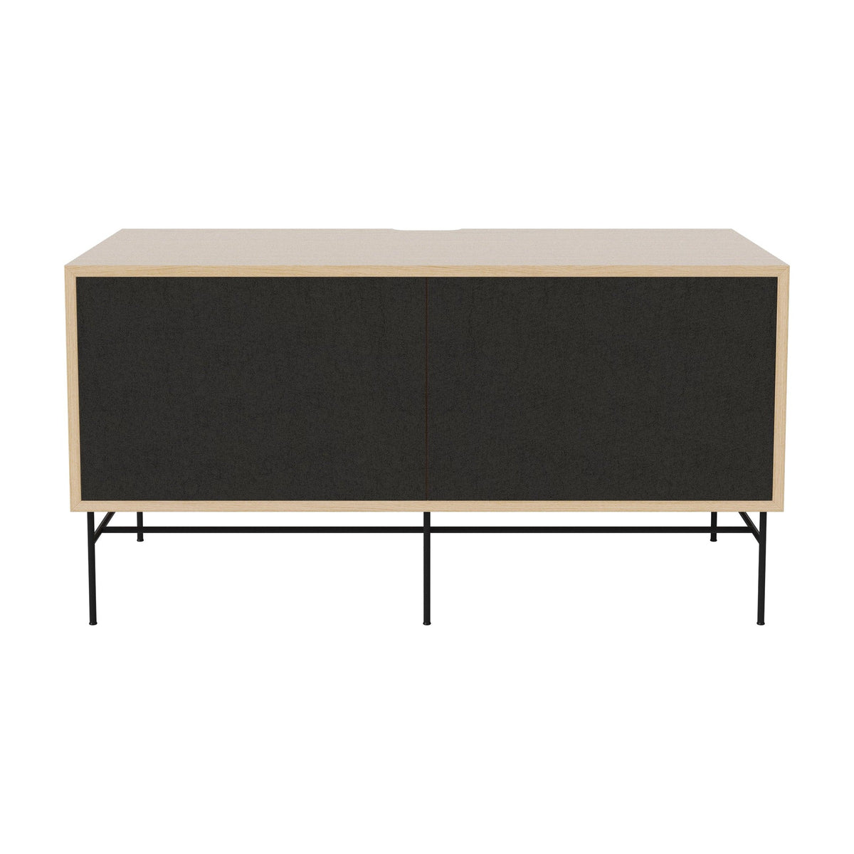 Bolia Case hifi-meubel medium op onderstel diepte 48 cm zwart gelakt staal, links zwarte stof, rechts zwarte stof, wit gepigmenteerd geolied eiken, 04-007-86_13100830