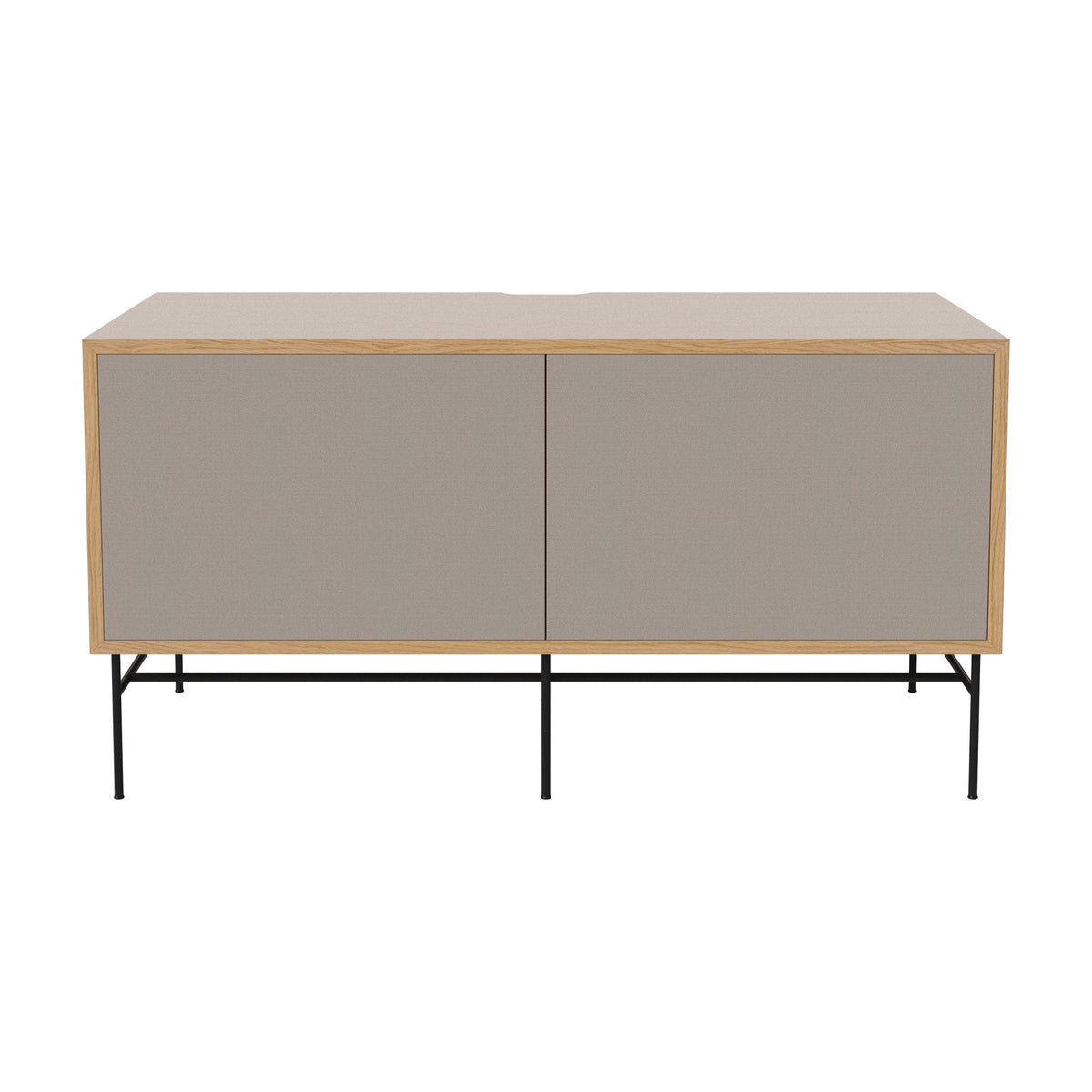 Bolia Case hifi-meubel medium op onderstel diepte 48 cm zwart gelakt staal, links grijze hifi-stof, rechts grijze hifi-stof, geolied eiken, 04-007-86_13100862