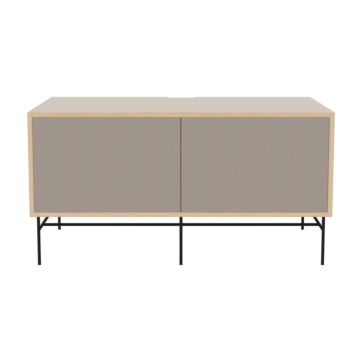 Bolia Case hifi-meubel medium op onderstel diepte 48 cm zwart gelakt staal, links grijze hifi-stof, rechts grijze hifi-stof, wit gepigmenteerd geolied eiken, 04-007-86_13100865