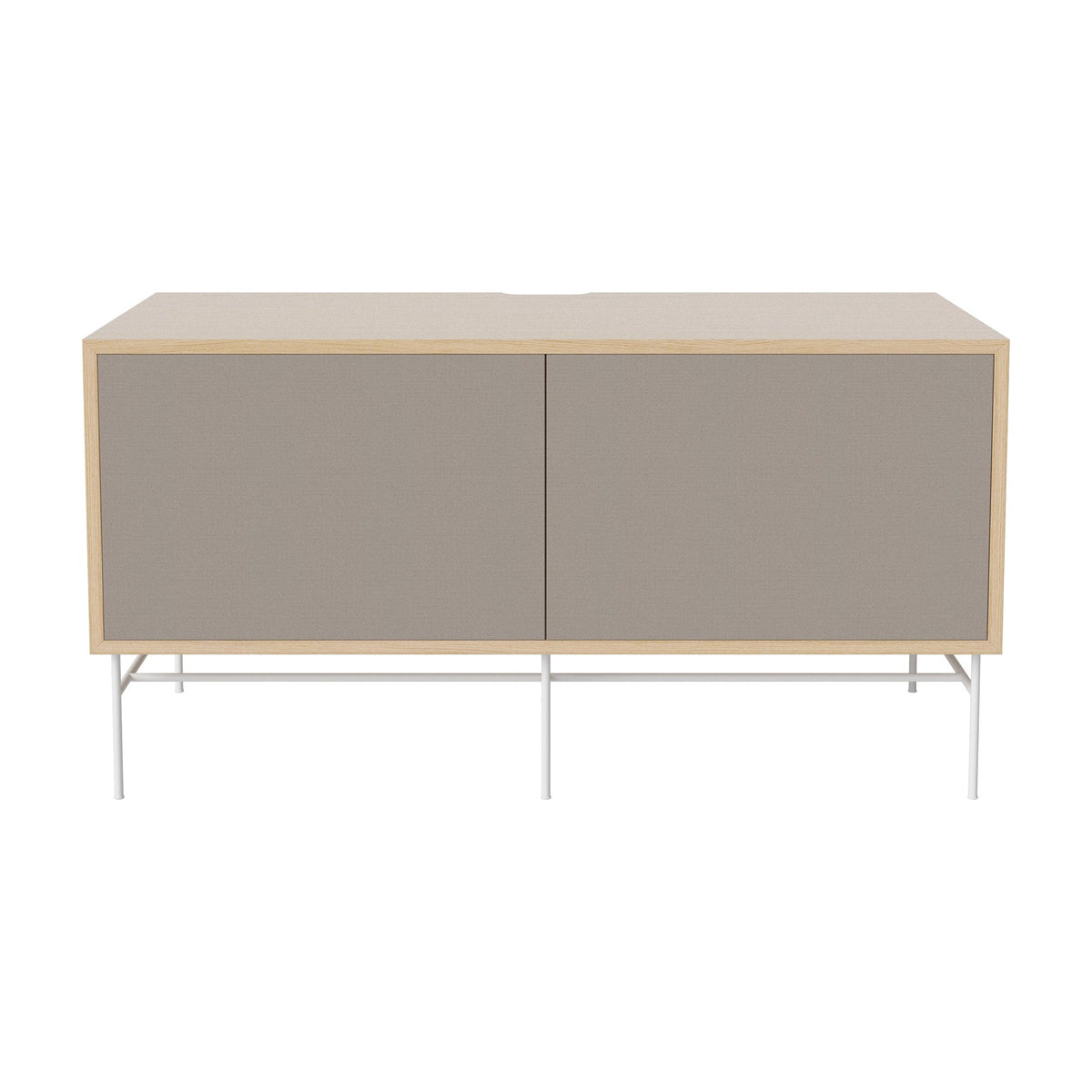 Bolia Case hifi-meubel medium op onderstel diepte 48 cm wit gelakt staal, links grijze hifi-stof, rechts grijze hifi-stof, wit gepigmenteerd geolied eiken, 04-007-86_13100880