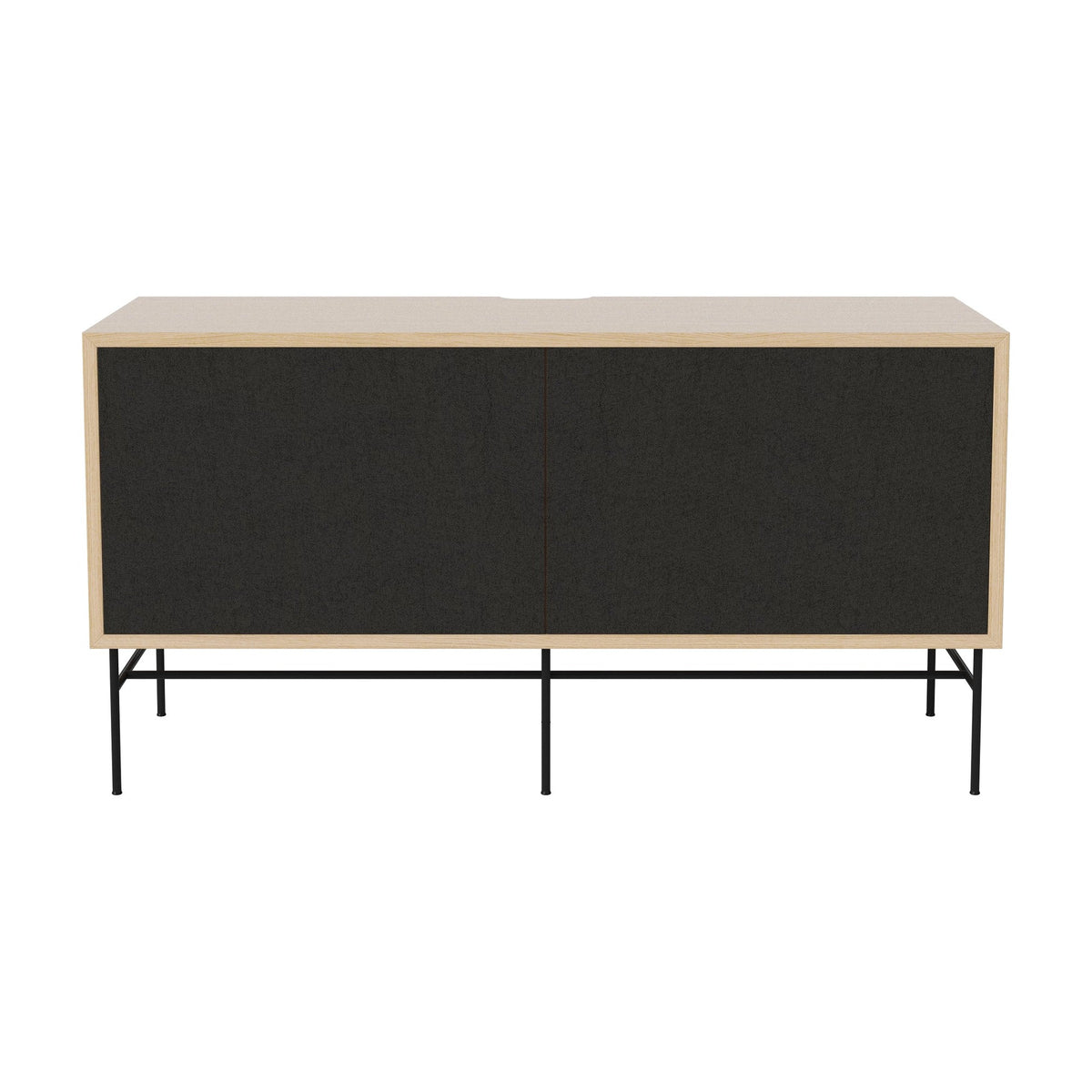Bolia Case hifi-meubel medium op onderstel diepte 35 cm zwart gelakt staal, links zwarte stof, rechts zwarte stof, wit gepigmenteerd geolied eiken, 04-007-87_13100830