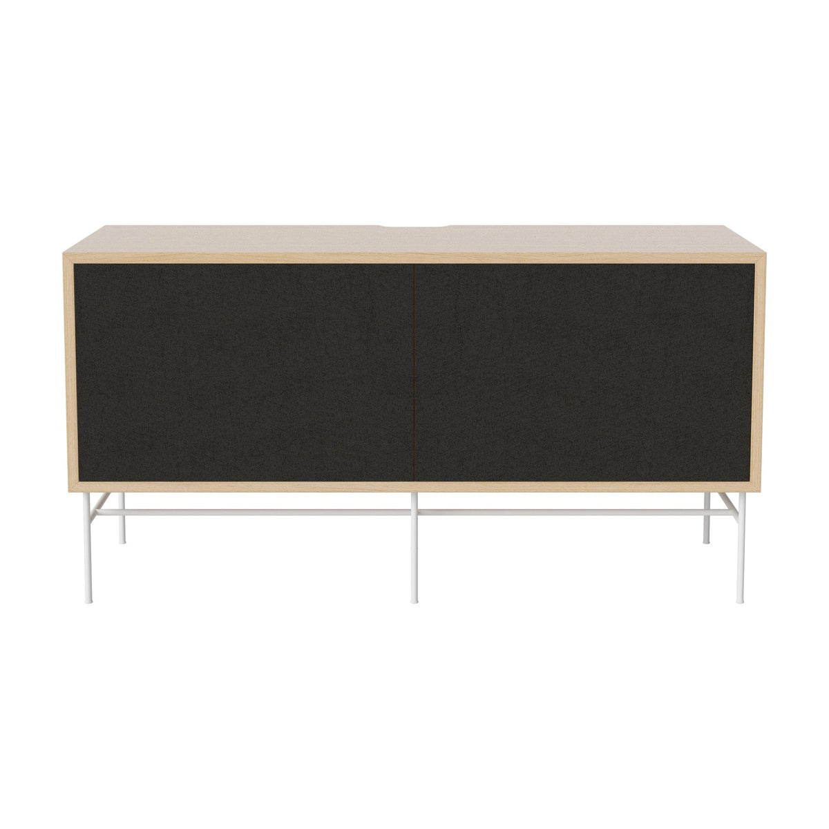 Bolia Case hifi-meubel medium op onderstel diepte 35 cm wit gelakt staal, links zwarte stof, rechts zwarte stof, wit gepigmenteerd geolied eiken, 04-007-87_13100845