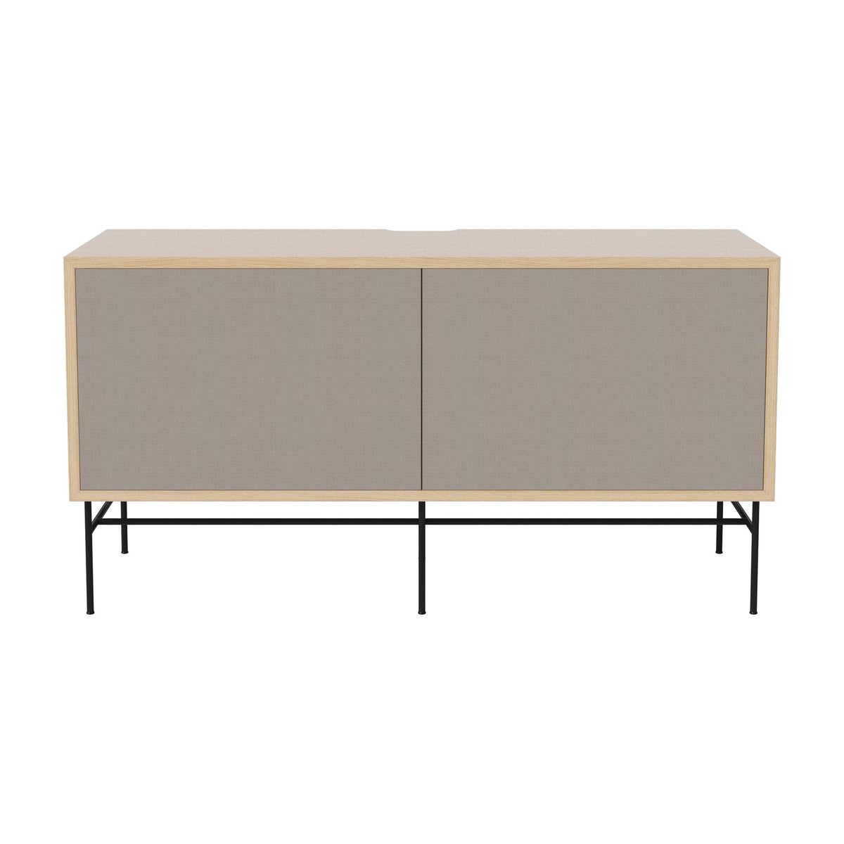 Bolia Case hifi-meubel medium op onderstel diepte 35 cm zwart gelakt staal, links grijze hifi-stof, rechts grijze hifi-stof, wit gepigmenteerd geolied eiken, 04-007-87_13100865