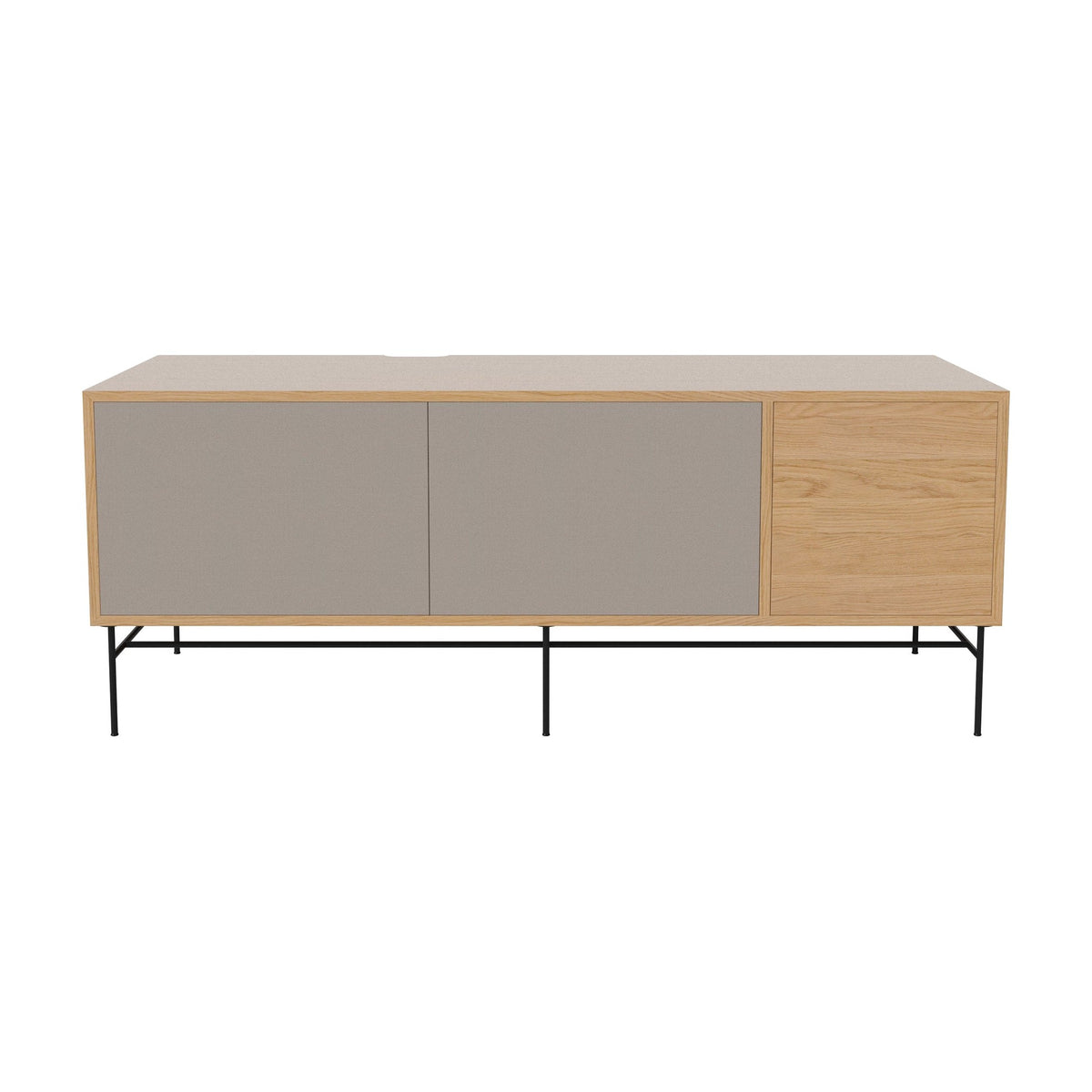 Bolia Case hifi-meubel large op onderstel diepte 48 cm zwart gelakt staal, links grijze hifi-stof, rechts grijze hifi-stof, geolied eiken, 04-007-88_13100862