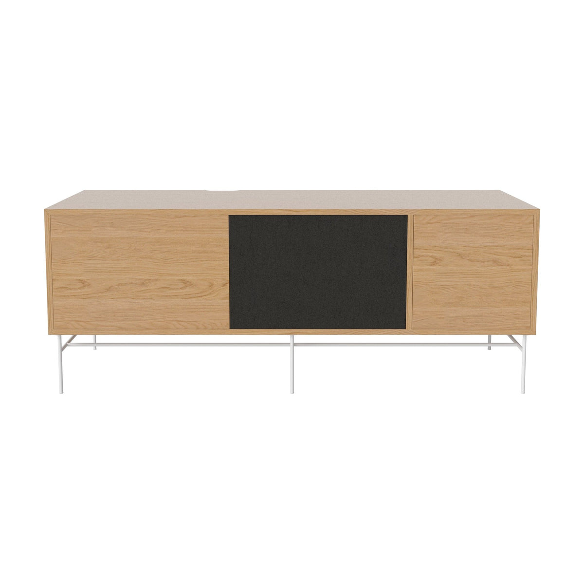Bolia Case hifi-meubel large op onderstel diepte 48 cm wit gelakt staal, links eiken, rechts zwarte stof, geolied eiken, 04-007-88_13100912
