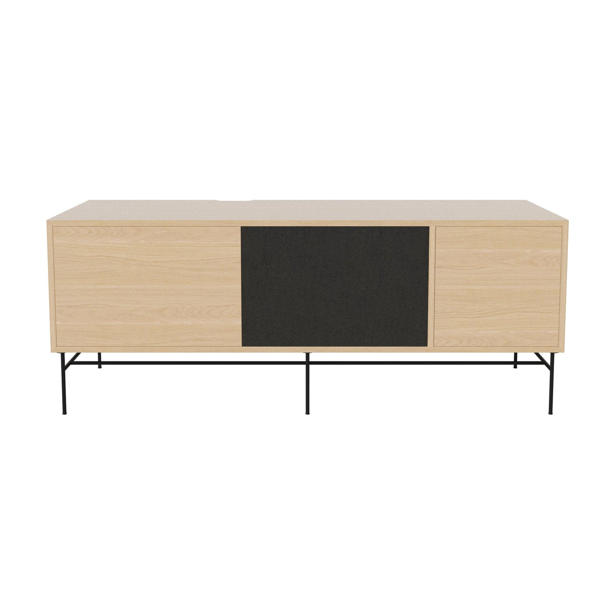 Bolia Case hifi-meubel large op onderstel diepte 48 cm zwart gelakt staal, links eiken, rechts zwarte stof, wit gepigmenteerd geolied eiken, 04-007-88_13101005