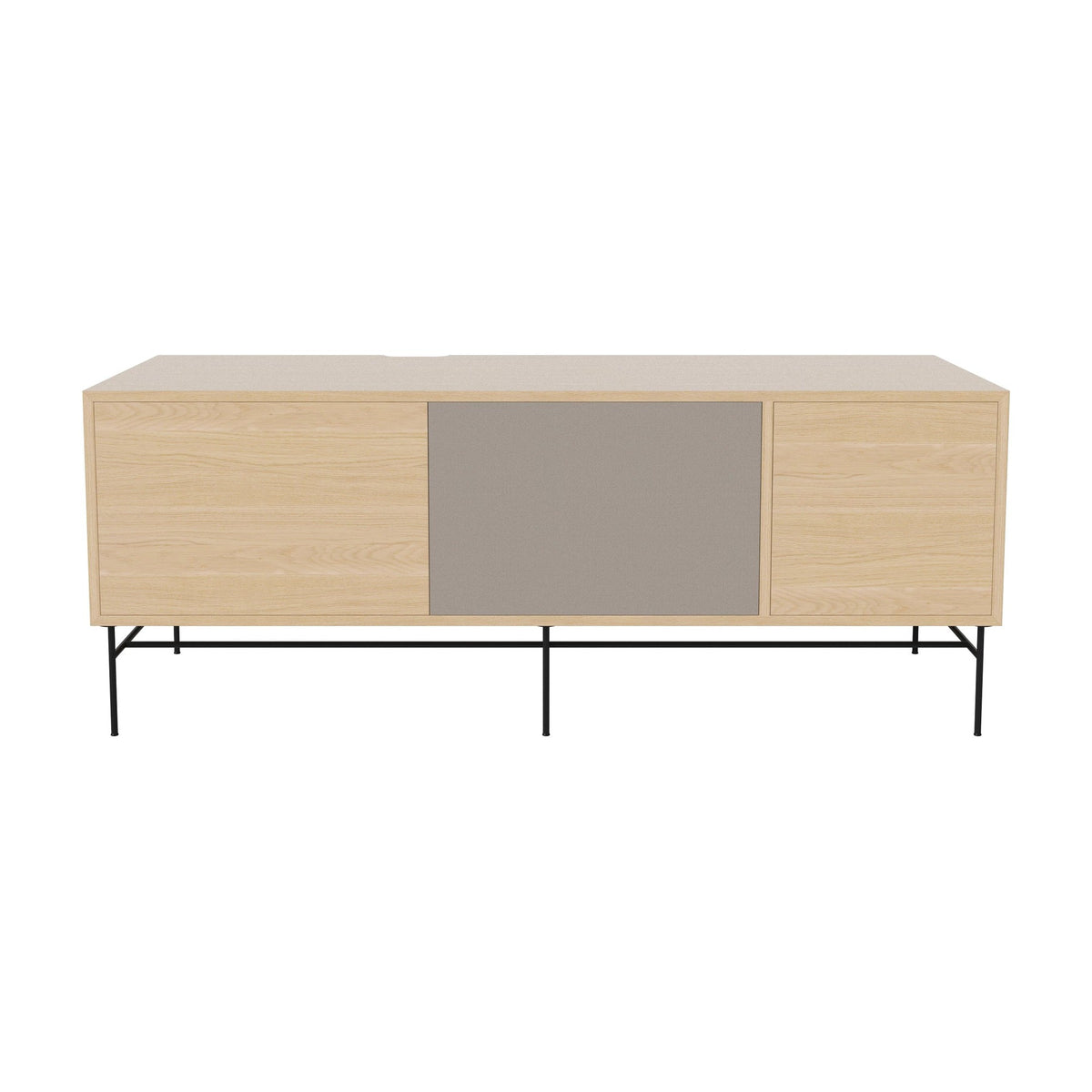 Bolia Case hifi-meubel large op onderstel diepte 48 cm zwart gelakt staal, links eiken, rechts grijze hifi-stof, wit gepigmenteerd geolied eiken, 04-007-88_13101040