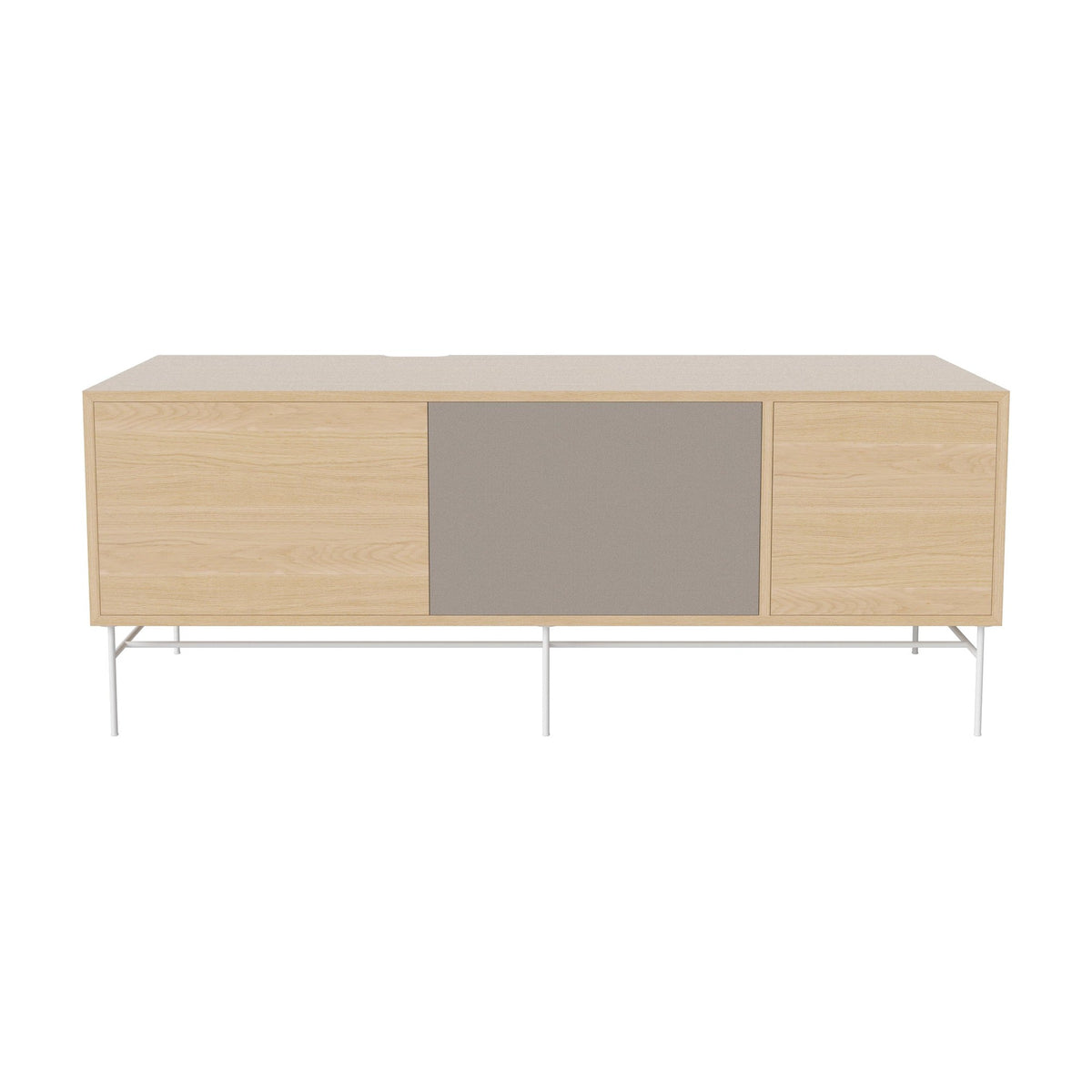 Bolia Case hifi-meubel large op onderstel diepte 48 cm wit gelakt staal, links eiken, rechts grijze hifi-stof, wit gepigmenteerd geolied eiken, 04-007-88_13101055