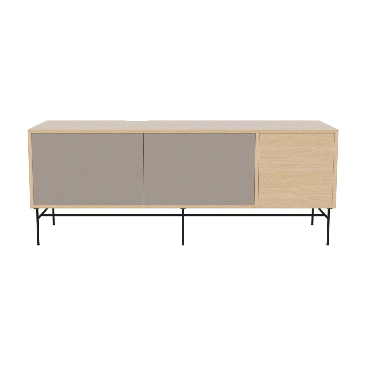 Bolia Case hifi-meubel large op onderstel diepte 35 cm zwart gelakt staal, links grijze hifi-stof, rechts grijze hifi-stof, wit gepigmenteerd geolied eiken, 04-007-89_13100865