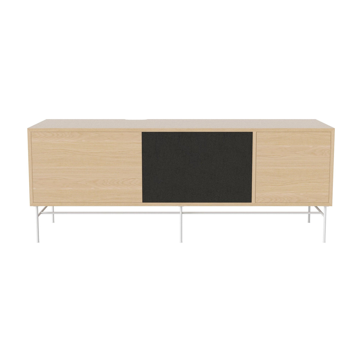 Bolia Case hifi-meubel large op onderstel diepte 35 cm wit gelakt staal, links eiken, rechts zwarte stof, wit gepigmenteerd geolied eiken, 04-007-89_13101020