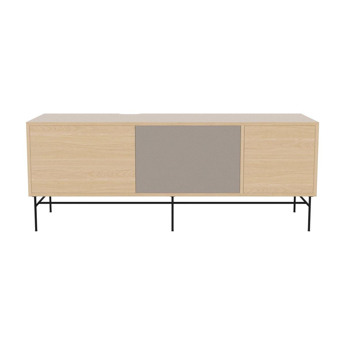 Bolia Case hifi-meubel large op onderstel diepte 35 cm zwart gelakt staal, links eiken, rechts grijze hifi-stof, wit gepigmenteerd geolied eiken, 04-007-89_13101040