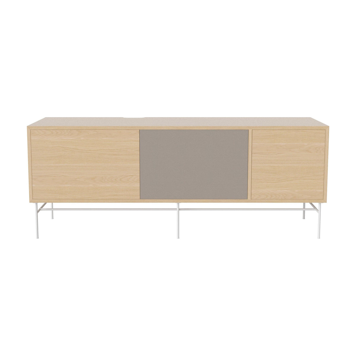 Bolia Case hifi-meubel large op onderstel diepte 35 cm wit gelakt staal, links eiken, rechts grijze hifi-stof, wit gepigmenteerd geolied eiken, 04-007-89_13101055